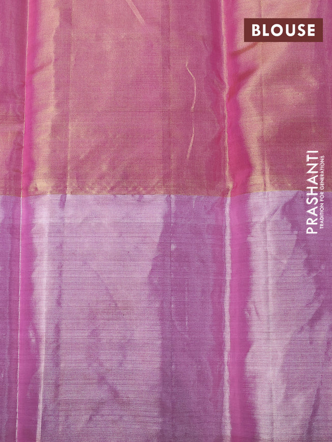 Pure kanchipuram tissue silk saree dual shade of goldish pink and light pink with allover zari woven brocade weaves and silver zari woven border