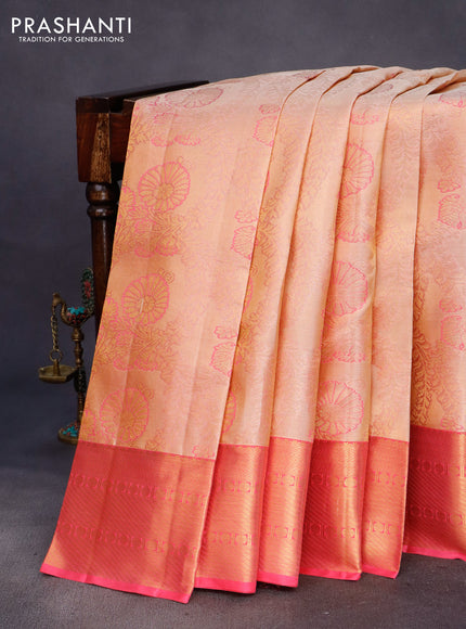 Pure kanchipuram tissue silk saree sandal and pink with allover zari woven brocade weaves and zari woven border