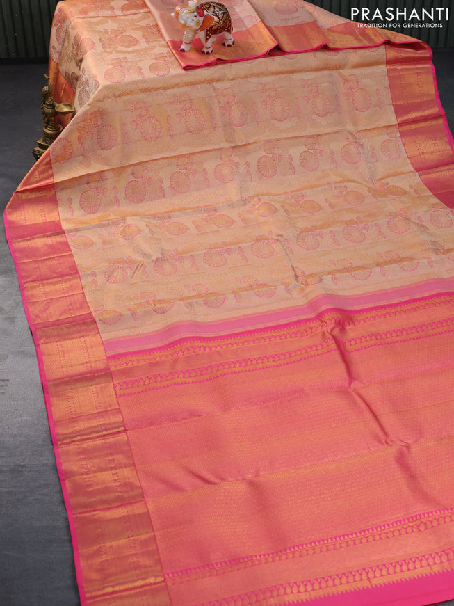 Pure kanchipuram tissue silk saree sandal and pink with allover zari woven brocade weaves and zari woven border