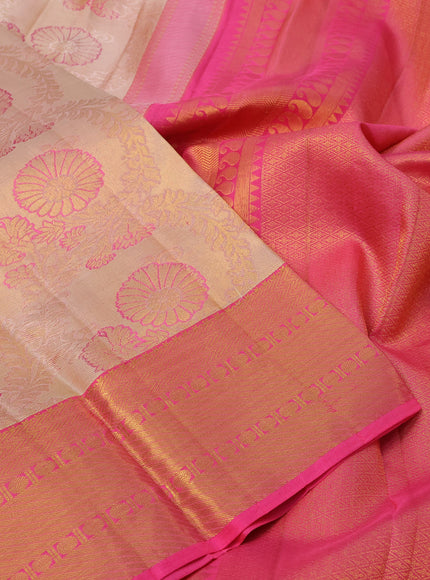 Pure kanchipuram tissue silk saree sandal and pink with allover zari woven brocade weaves and zari woven border