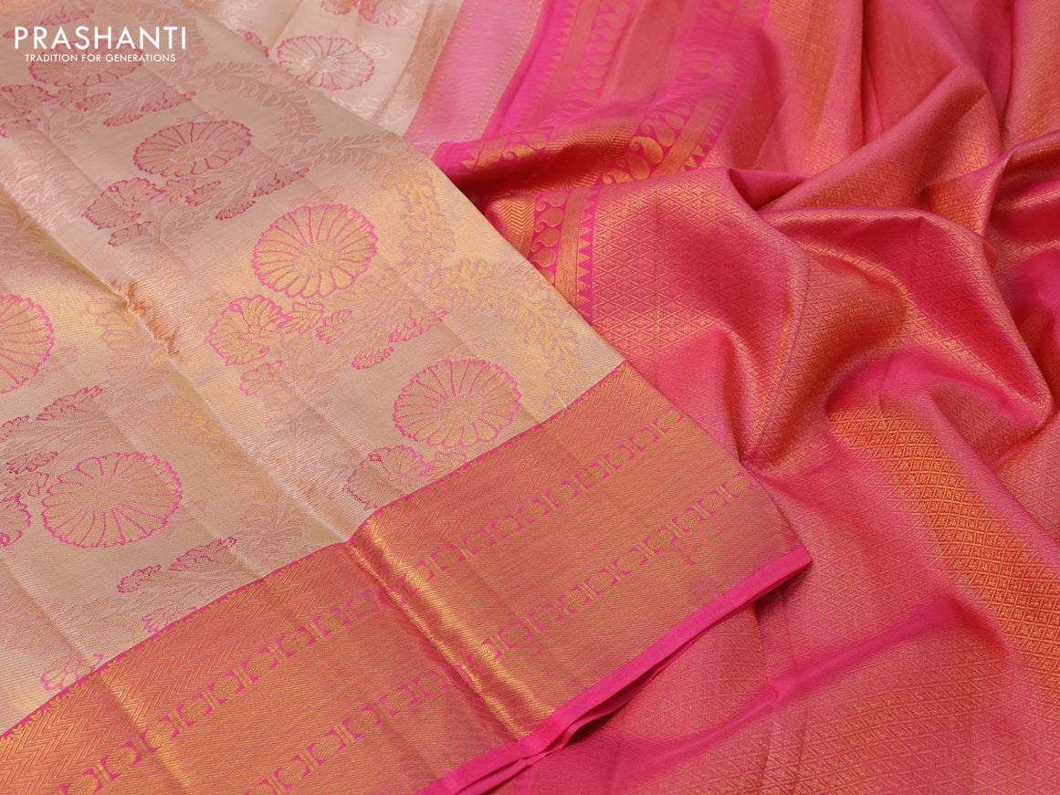 Pure kanchipuram tissue silk saree sandal and pink with allover zari woven brocade weaves and zari woven border