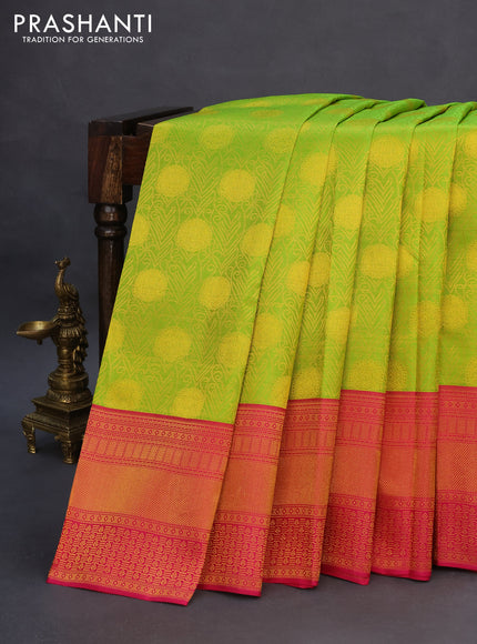 Pure kanchipuram silk saree light green and pink with allover zari woven brocade weaves and zari woven border