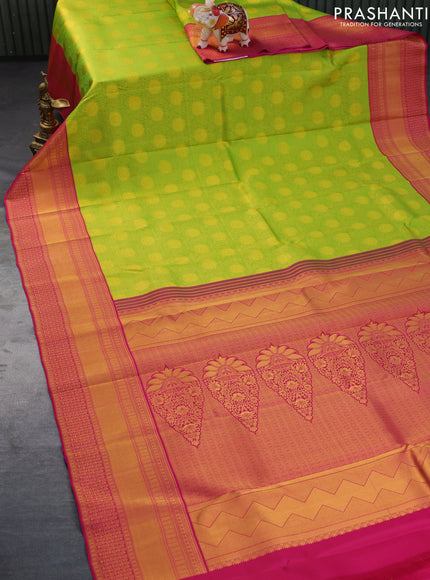 Pure kanchipuram silk saree light green and pink with allover zari woven brocade weaves and zari woven border