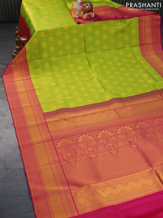 Pure kanchipuram silk saree light green and pink with allover zari woven brocade weaves and zari woven border