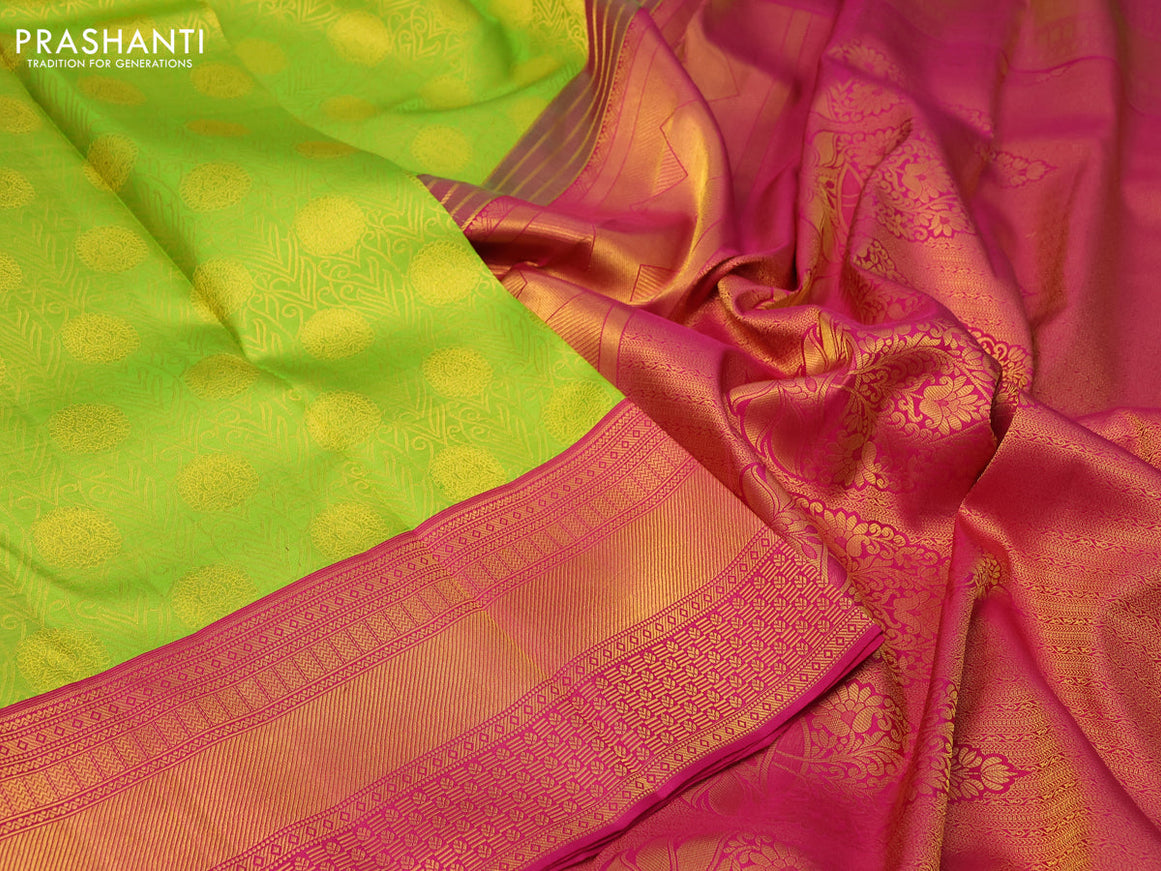 Pure kanchipuram silk saree light green and pink with allover zari woven brocade weaves and zari woven border