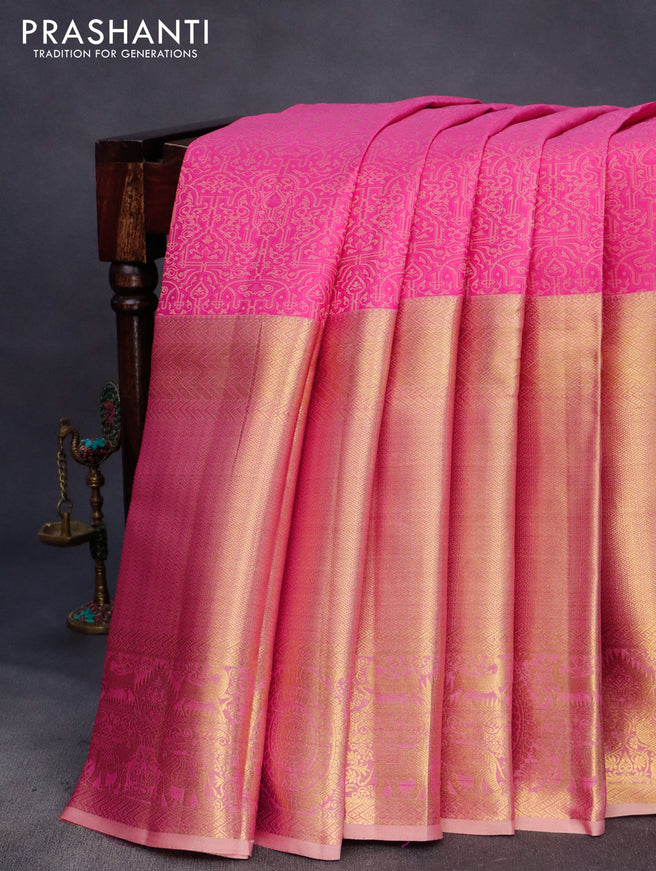 Pure kanchipuram silk saree pink and dual shade of sandal with allover self emboss and long zari woven border