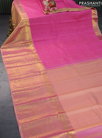 Pure kanchipuram silk saree pink and dual shade of sandal with allover self emboss and long zari woven border