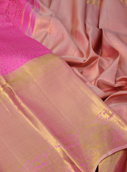 Pure kanchipuram silk saree pink and dual shade of sandal with allover self emboss and long zari woven border