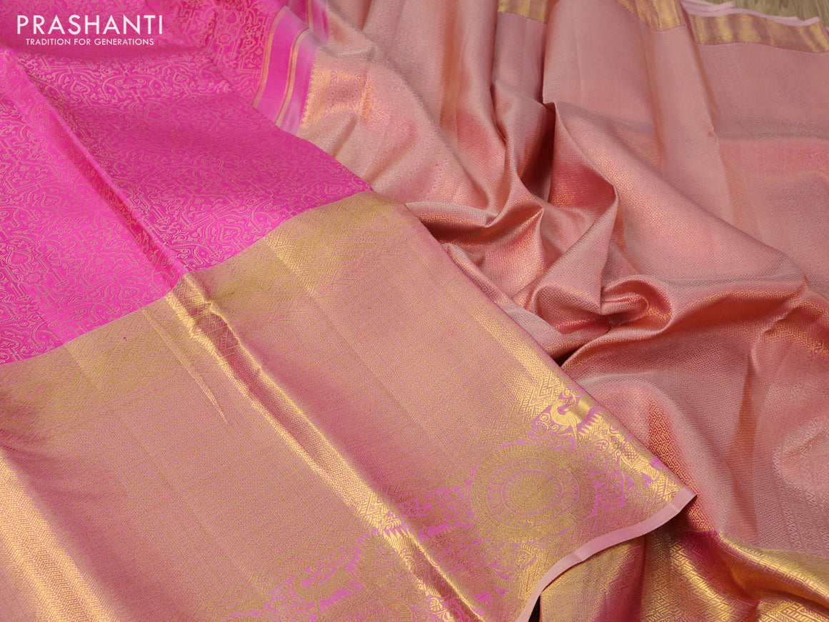 Pure kanchipuram silk saree pink and dual shade of sandal with allover self emboss and long zari woven border