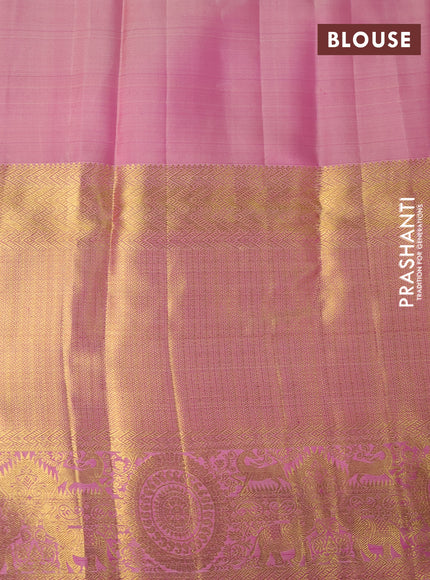 Pure kanchipuram silk saree pink and dual shade of sandal with allover self emboss and long zari woven border