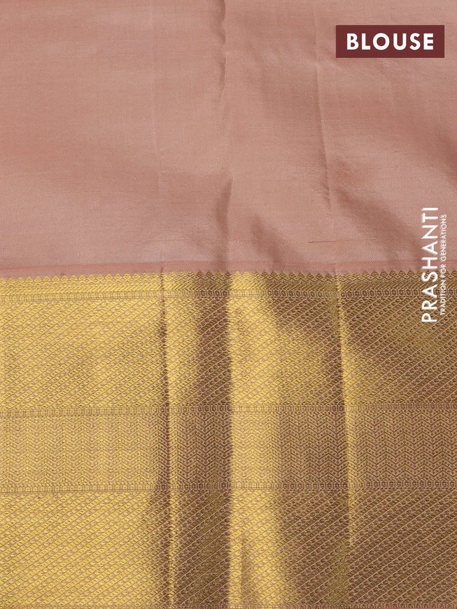 Pure kanchipuram silk saree yellow and sandal with allover zari woven brocade weaves and zari woven border