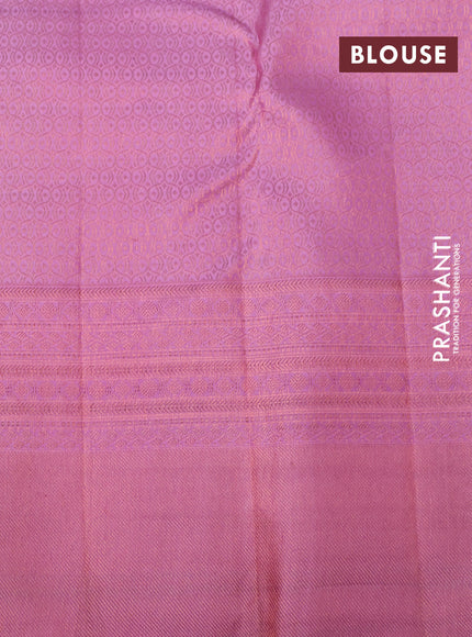 Pure kanchipuram silk saree teal blue and light pink with allover zari woven brocade weaves and copper zari woven border