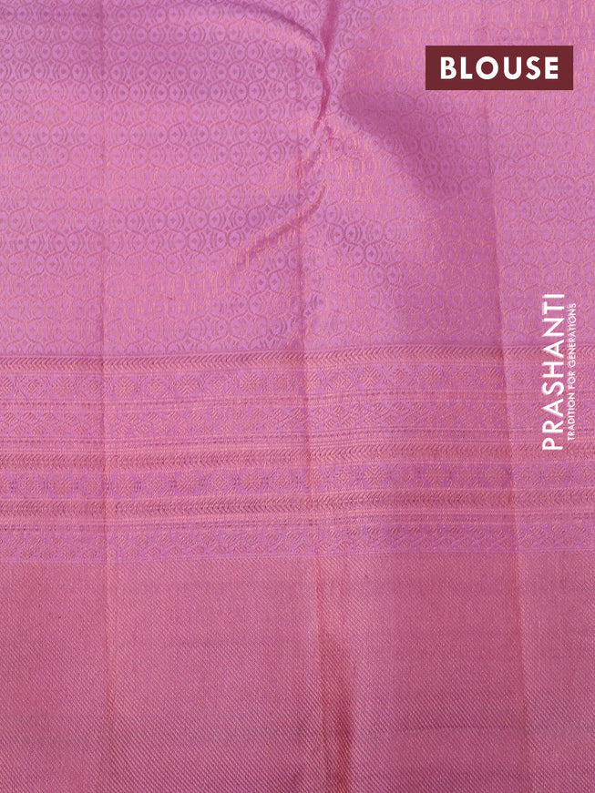 Pure kanchipuram silk saree teal blue and light pink with allover zari woven brocade weaves and copper zari woven border