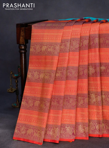 Pure kanchipuram silk saree teal blue and pink with half & half style and long zari woven border