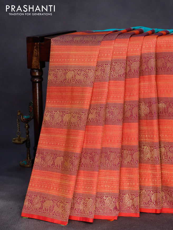 Pure kanchipuram silk saree teal blue and pink with half & half style and long zari woven border