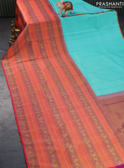 Pure kanchipuram silk saree teal blue and pink with half & half style and long zari woven border