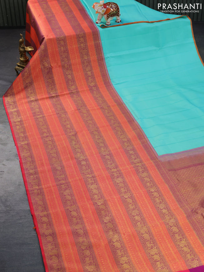 Pure kanchipuram silk saree teal blue and pink with half & half style and long zari woven border