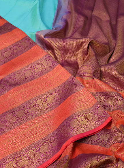 Pure kanchipuram silk saree teal blue and pink with half & half style and long zari woven border