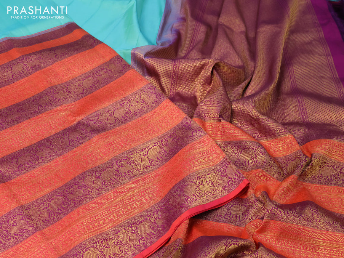 Pure kanchipuram silk saree teal blue and pink with half & half style and long zari woven border