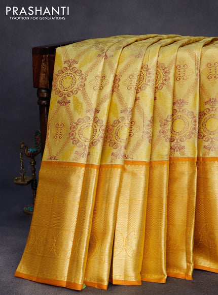 Pure kanchipuram tissue silk saree gold and sandal with allover zari woven brocade weaves and long zari woven border