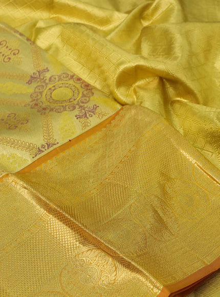 Pure kanchipuram tissue silk saree gold and sandal with allover zari woven brocade weaves and long zari woven border