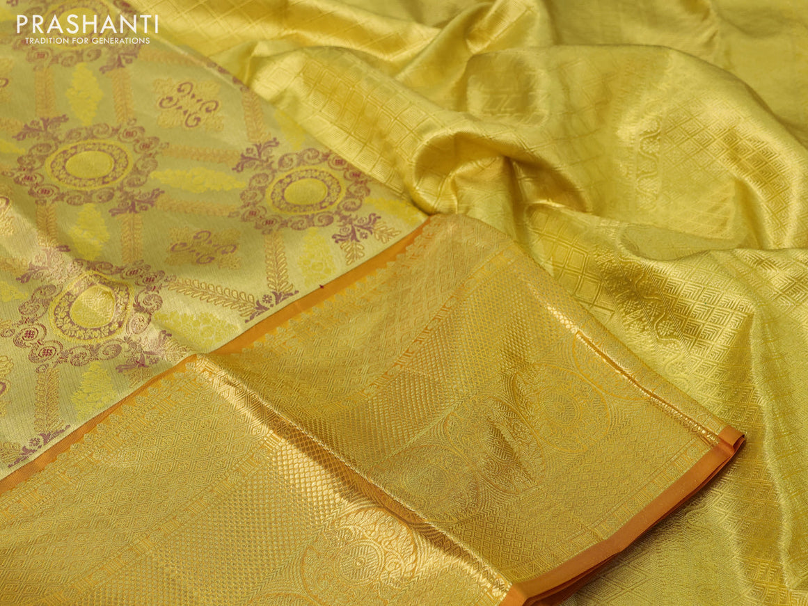 Pure kanchipuram tissue silk saree gold and sandal with allover zari woven brocade weaves and long zari woven border