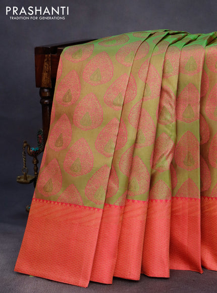 Pure kanchipuram tissue silk saree light green and pink with allover zari woven brocade weaves and zari woven border