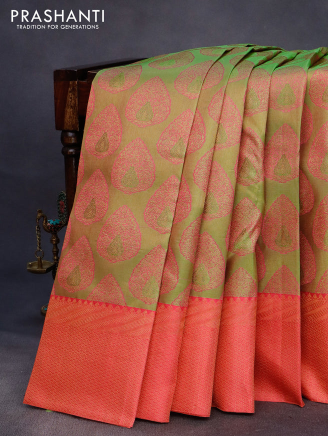 Pure kanchipuram tissue silk saree light green and pink with allover zari woven brocade weaves and zari woven border