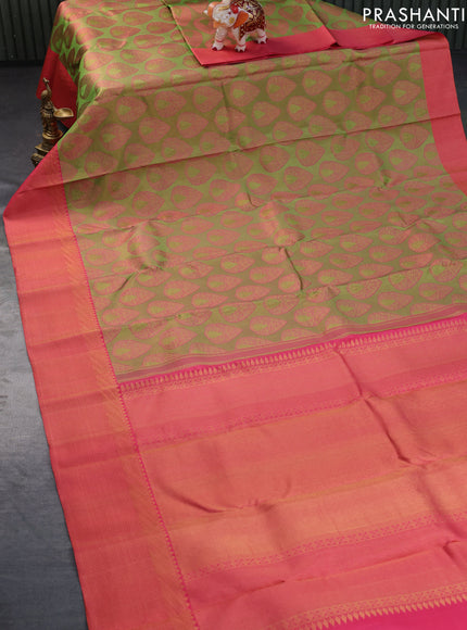 Pure kanchipuram tissue silk saree light green and pink with allover zari woven brocade weaves and zari woven border