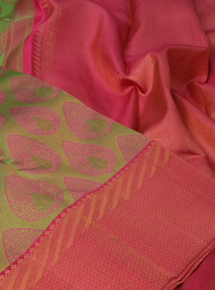 Pure kanchipuram tissue silk saree light green and pink with allover zari woven brocade weaves and zari woven border