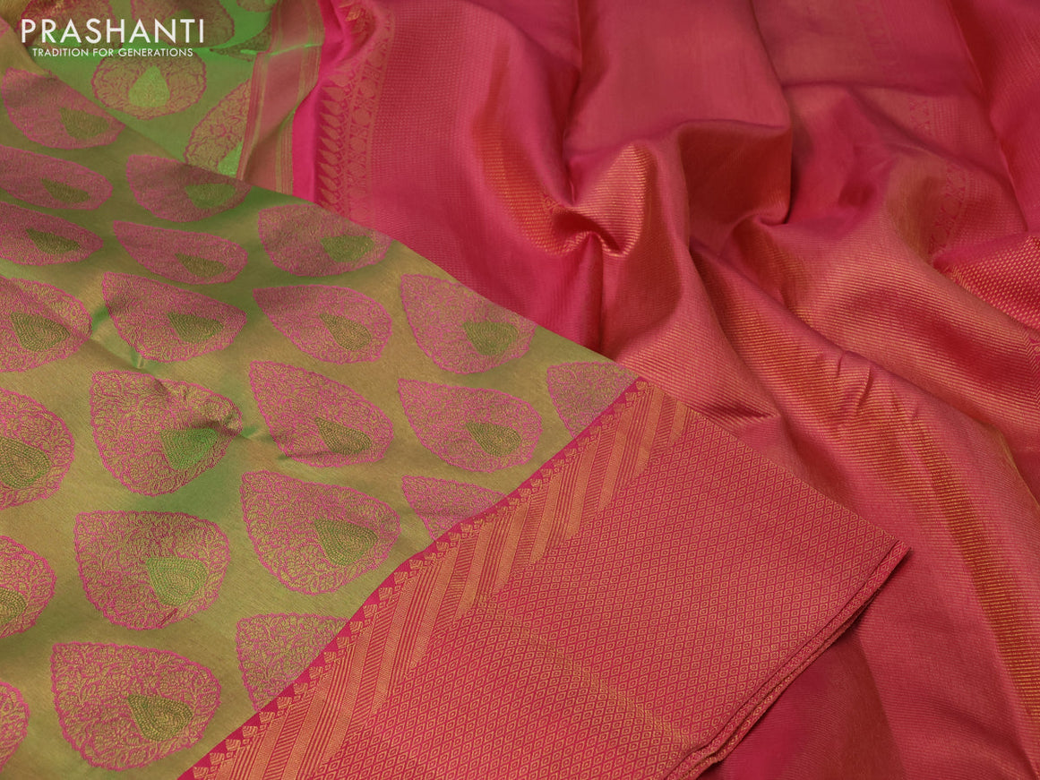 Pure kanchipuram tissue silk saree light green and pink with allover zari woven brocade weaves and zari woven border