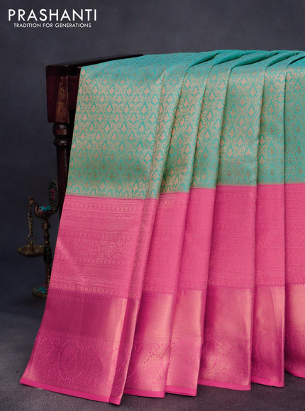 Pure kanchipuram silk saree teal blue and light pink with allover copper zari woven brocade weaves and long copper zari woven border