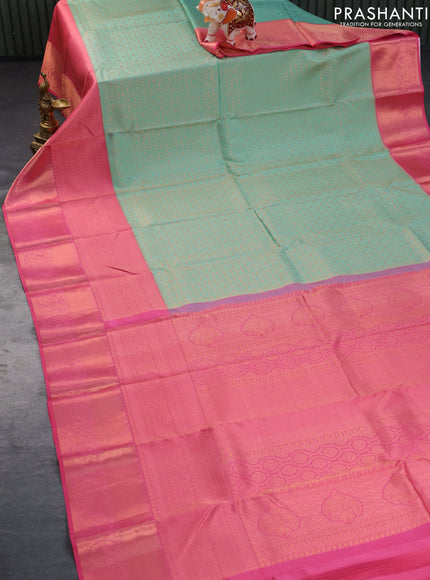 Pure kanchipuram silk saree teal blue and light pink with allover copper zari woven brocade weaves and long copper zari woven border