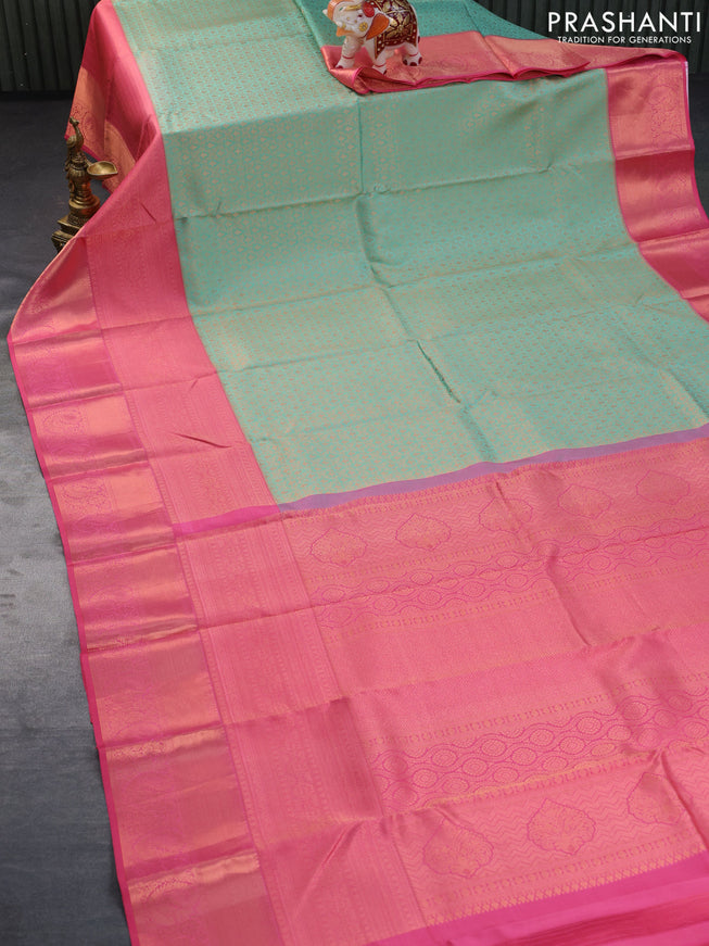 Pure kanchipuram silk saree teal blue and light pink with allover copper zari woven brocade weaves and long copper zari woven border