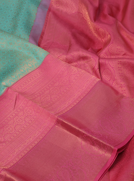 Pure kanchipuram silk saree teal blue and light pink with allover copper zari woven brocade weaves and long copper zari woven border