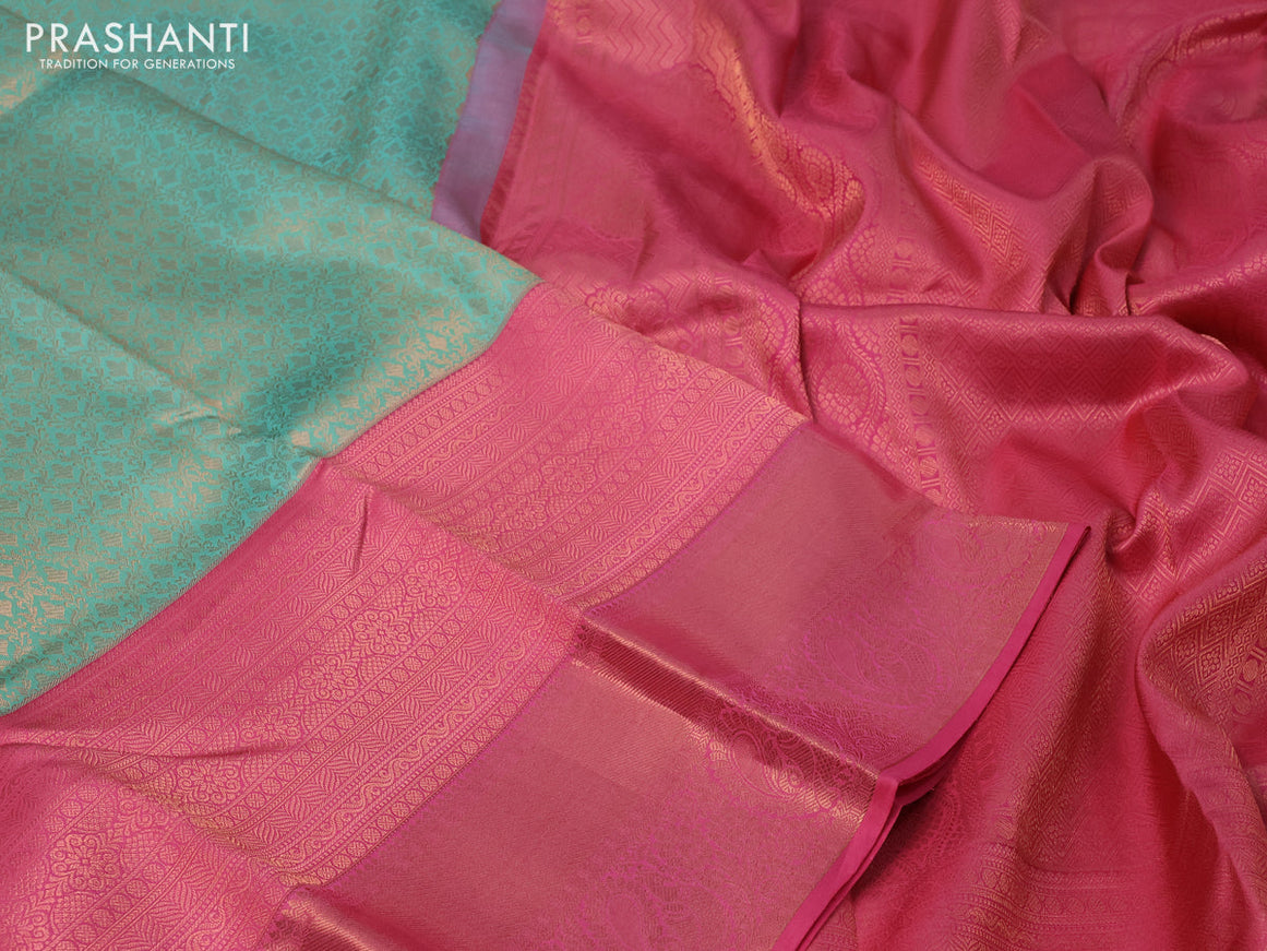 Pure kanchipuram silk saree teal blue and light pink with allover copper zari woven brocade weaves and long copper zari woven border