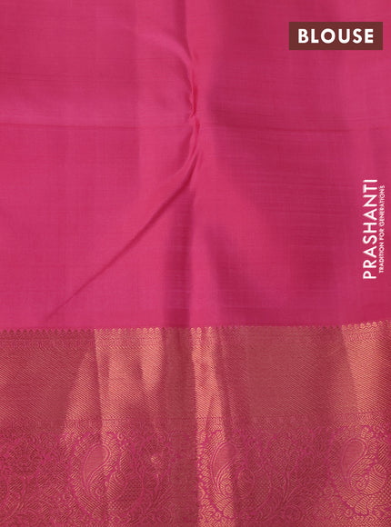 Pure kanchipuram silk saree teal blue and light pink with allover copper zari woven brocade weaves and long copper zari woven border