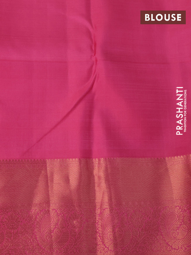 Pure kanchipuram silk saree teal blue and light pink with allover copper zari woven brocade weaves and long copper zari woven border