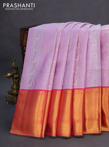 Pure kanchipuram silk saree lavender shade and pink with allover silver zari woven brocade weaves and long zari woven border