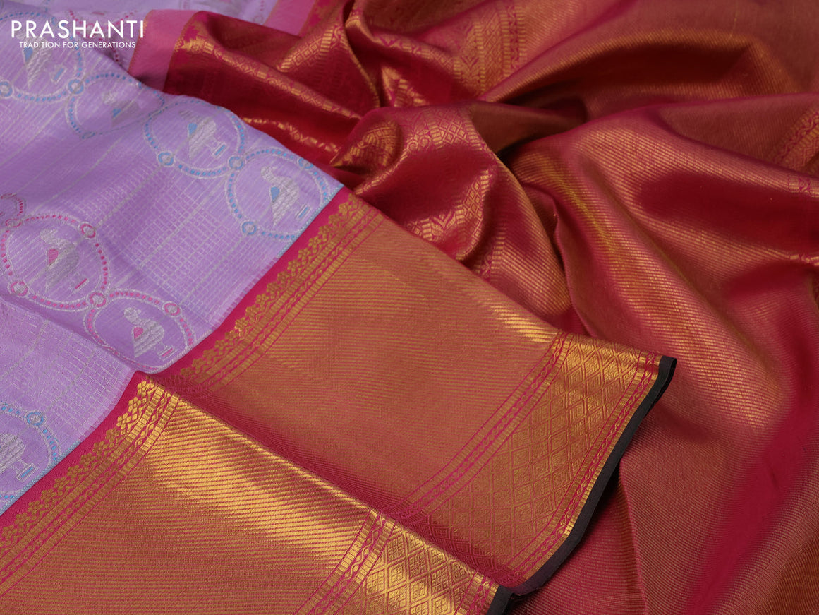 Pure kanchipuram silk saree lavender shade and pink with allover silver zari woven brocade weaves and long zari woven border