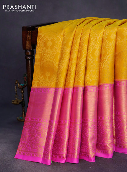 Pure kanchipuram silk saree yellow and pink with allover zari woven brocade weaves and long zari woven border