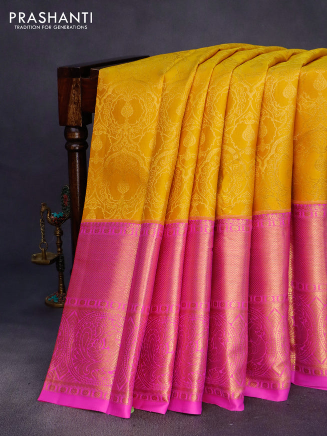 Pure kanchipuram silk saree yellow and pink with allover zari woven brocade weaves and long zari woven border