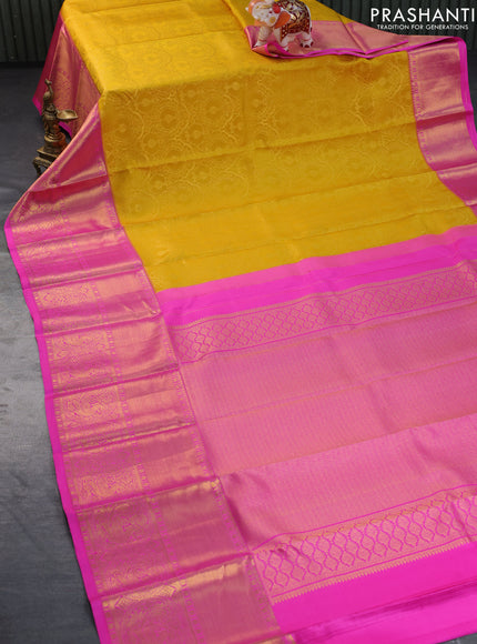 Pure kanchipuram silk saree yellow and pink with allover zari woven brocade weaves and long zari woven border