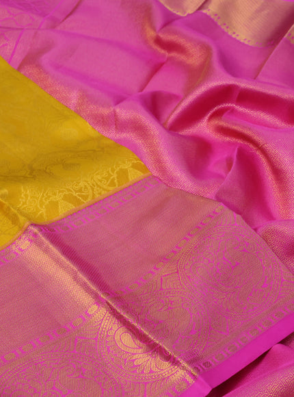 Pure kanchipuram silk saree yellow and pink with allover zari woven brocade weaves and long zari woven border