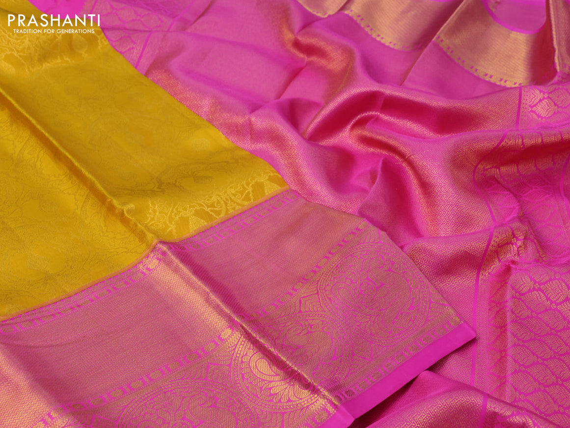 Pure kanchipuram silk saree yellow and pink with allover zari woven brocade weaves and long zari woven border