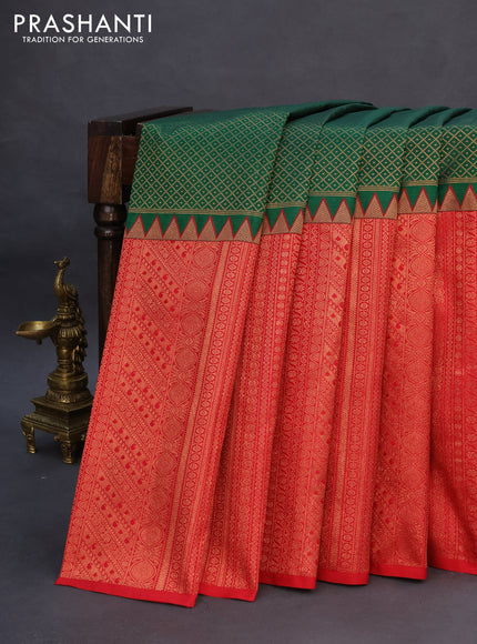 Pure kanchipuram silk saree green and red with allover zari woven brocade weaves and long zari woven border