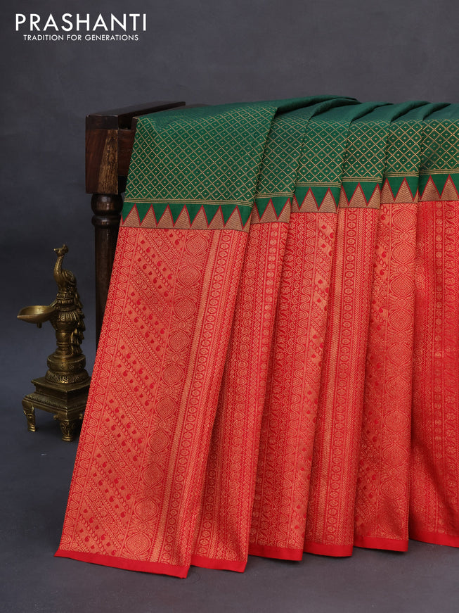 Pure kanchipuram silk saree green and red with allover zari woven brocade weaves and long zari woven border