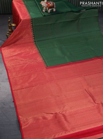 Pure kanchipuram silk saree green and red with allover zari woven brocade weaves and long zari woven border