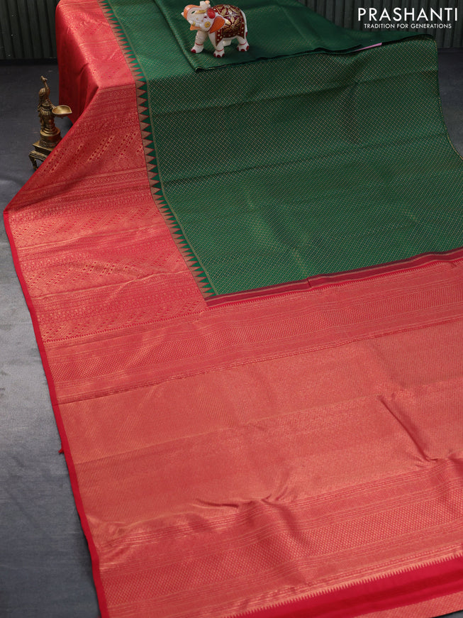 Pure kanchipuram silk saree green and red with allover zari woven brocade weaves and long zari woven border