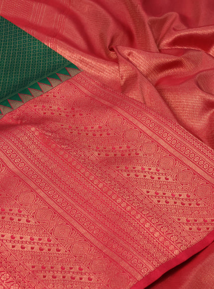 Pure kanchipuram silk saree green and red with allover zari woven brocade weaves and long zari woven border